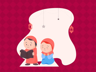 Ramadan celebration concept with with muslim boy reading islamic book and girl offering namaz on pink background.