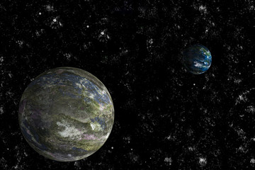 Two realistic planets in the cosmos (3D illustration)