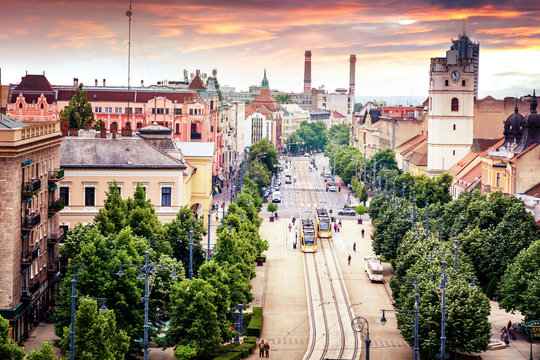 Debrecen, Hungary, view of the city from the top of the Reformed Cathedral, beautiful cityscape