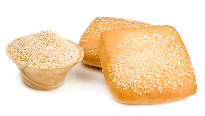 buns with sesame seeds and sesame seeds isolated on white background
