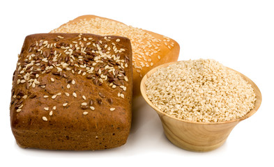 buns with sesame seeds and sesame seeds isolated on white background