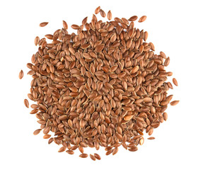 Linseed on a white background. Also known as Linseed, Flaxseed and Common Flax. Pile of grains, isolated white background.