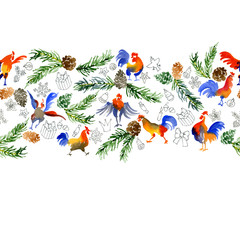Fototapeta premium New Year, Christmas, festive, spruce, coniferous wreath. Decoration for the holiday. Garland of twigs, toys, mandarins and cookies. Watercolor. Illustration