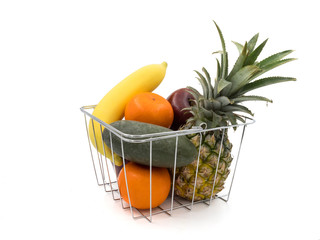 Fresh mixed fruits in basket on a white background