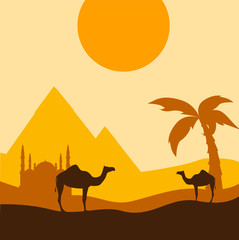 Egypt background with camels and pyramids.