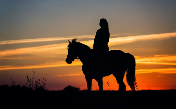 Silhouette of a rider on a horse on sunset sky background.