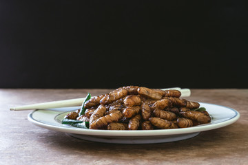 Fried insects in dish on wooden table with black background