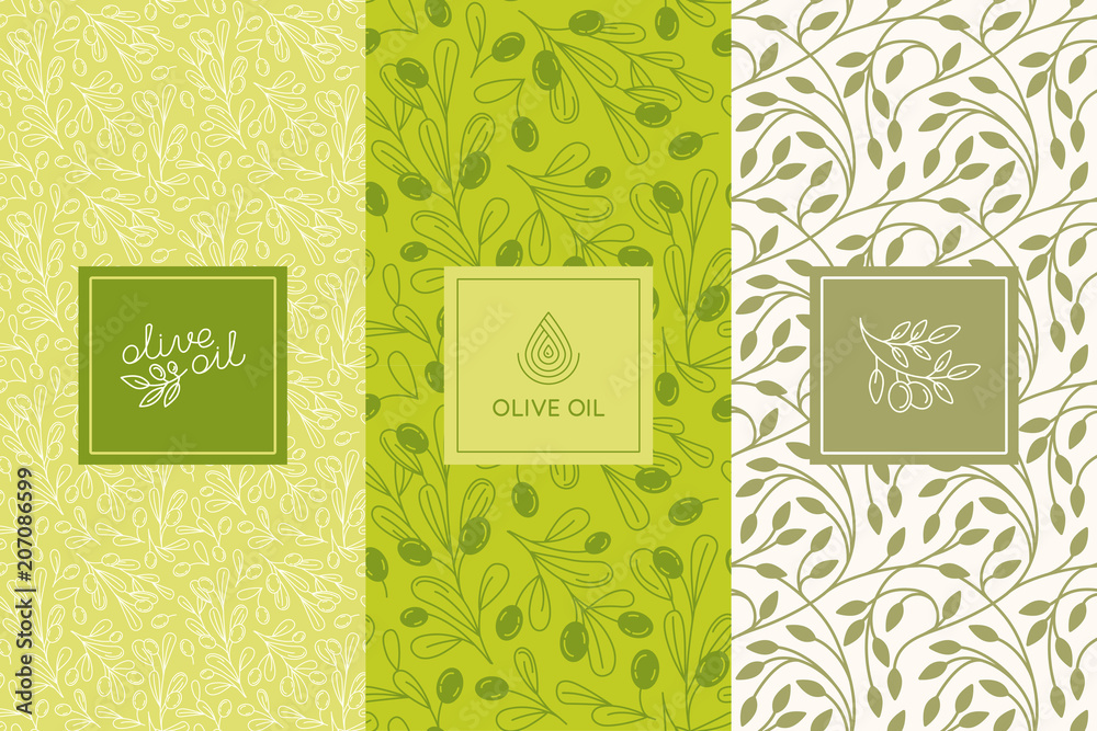 Poster Vector packaging design elements and templates for olive oil labels and bottles - seamless patterns