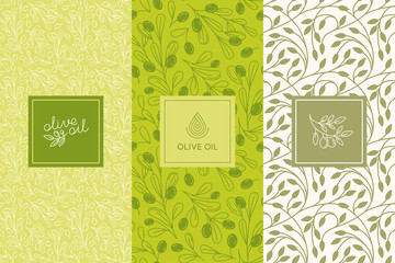 Vector packaging design elements and templates for olive oil labels and bottles - seamless patterns