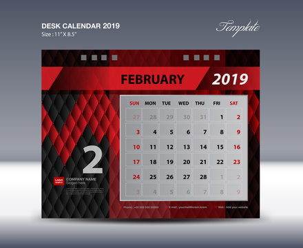 FEBRUARY Desk Calendar 2019 Template, Week starts Sunday, Stationery design, flyer design vector, printing media creative idea design, Black and red background