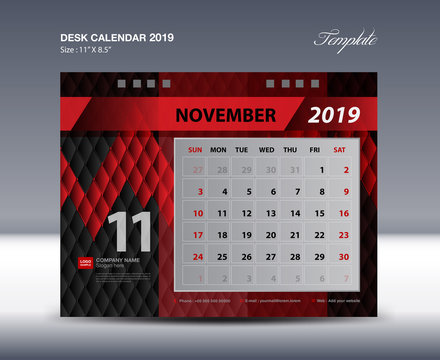 NOVEMBER Desk Calendar 2019 Template, Week starts Sunday, Stationery design, flyer design vector, printing media creative idea design, Black and red background