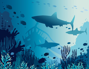 Underwater coral reef, fishes, shark and sea.