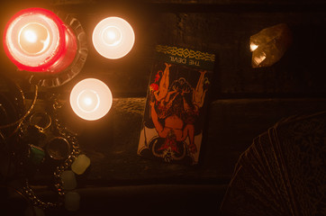 The devil inverted Tarot card. Fortune teller.