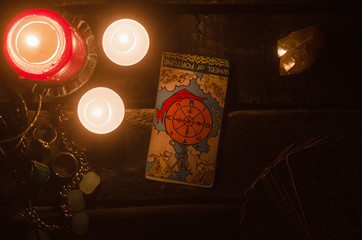 Wheel of fortune inverted Tarot card. Fortune teller.