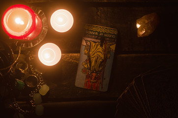 Fototapeta premium Queen of wands inverted Tarot card. Fortune teller.