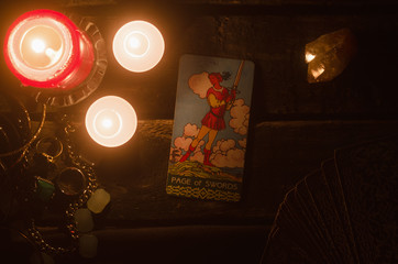 Page of swords Tarot card. Fortune teller.