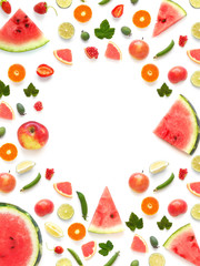 Various  fruits (watermelon, apple, orange, tangerine) isolated on white background, top view, creative flat layout. Concept of healthy eating, food background. Frame of  fruits with space for text.