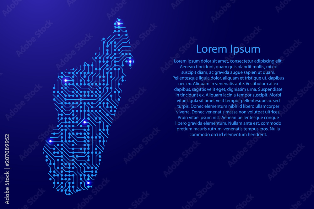 Fototapete map madagascar from printed board, chip and radio component with blue star space on the contour for 