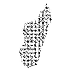 Abstract schematic map of Madagascar from the black printed board, chip and radio component. Computer electronics processor motherboard. Vector illustration.