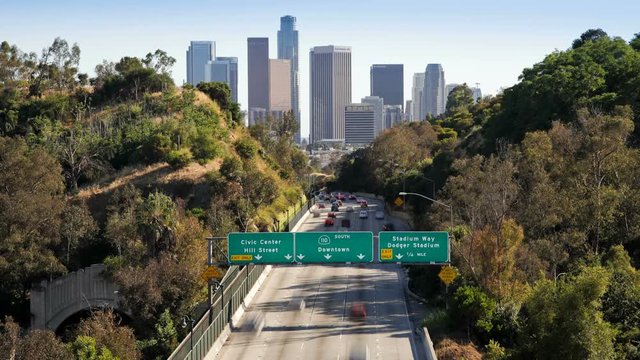  Pasadena Freeway leading into the financial centre of Downtown Los Angeles, California, United States of America,T/lapse