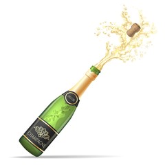 Champagne explosion. Champagne bottle pop and fizz vector illustration for alcohol drinking party celebration isolated on white background © vectortatu