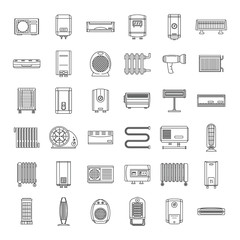 Electric heater device icons set. Outline illustration of 36 electric heater device vector icons for web