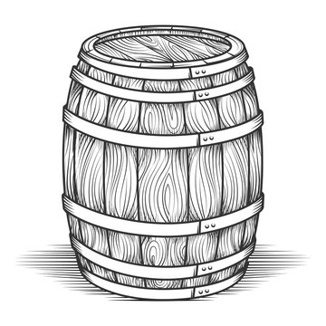 Engraving Barrel. Black Engraved Vintage Barrel With Wood Texture, Oak Old Style Cask Vector Illustration