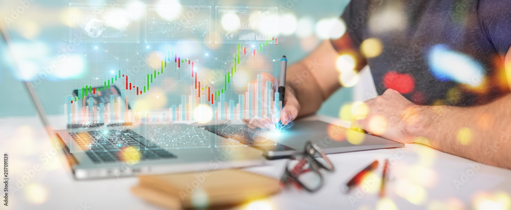Poster Graphic designer using 3D rendering stock exchange datas and charts