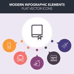 Modern, simple, colorful vector infographic background with sound, ice, read, musical, front, book, container, earphone, curtain, cool, music, cold, key, real, cooler, summer, property, shop icons