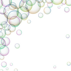 Frame with colorful soap bubbles. Balls with a glare. Vector illustration.
