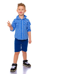 A cute little boy in a shirt and shorts.