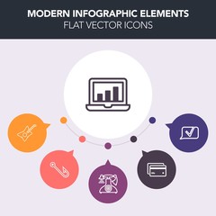 Modern, simple, colorful vector infographic background with laptop, old, antique, screen, music, retro, plastic, sound, call, telephone, equipment, rock, money, data, bar, chart, debit, talk icons