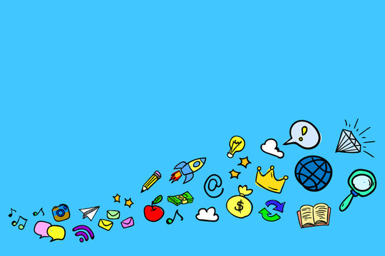 Bright and colorful icons in the style of a hand drawing on a bl