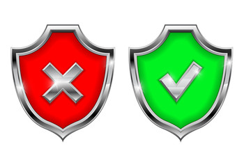 Shield signs. Security alert symbols. Accept and Decline 3d elements