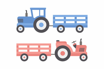 Two Tractor with trailer. Blue and Red color. flat style. isolated on white background