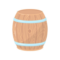Wooden barrel with metal hoops. Cylindrical container made of wood. Flat vector element for poster, banner or flyer