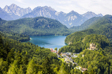 Views of Alpsee lake and Hohenschwangau, from Neuschwanstein castle, with Schloss Hohenschwangau visible in the lower right, Germany