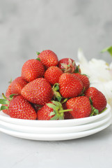 Juicy Fresh Strawberries White Plates Textured Cement Background Summer Fruit Vitamine Fresh Organic diet