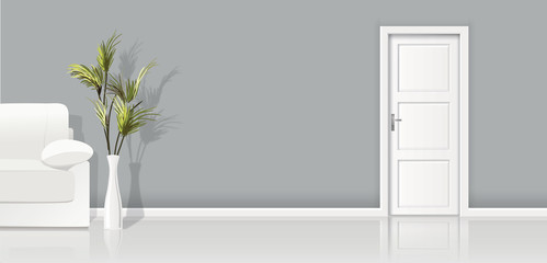 Element of architecture - vector background grey wall, sofa  and closed white door 