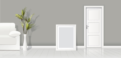 Element of architecture - vector background grey wall width closed white door and frame for picture 