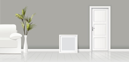 Element of architecture - vector background grey wall width closed white door and frame for picture 