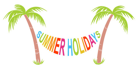 Two Palm Trees With Hammock „SUMMER HOLIDAYS“ / Colourful / Flat Design