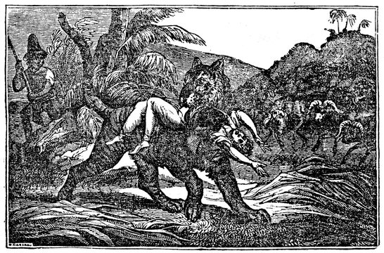 The tiger grabs the boy (from Das Heller-Magazin, March 1, 1834)