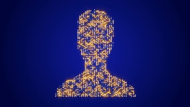 4k a futuristic circuit board with moving electrons shaped user symbol,head-portrait icon,electronic connections.