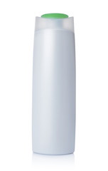 Blank white mockup plastic bottle of cosmetic product with green lid