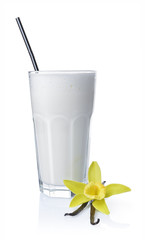 Vanilla pods with orchid flower and glass of milk shake