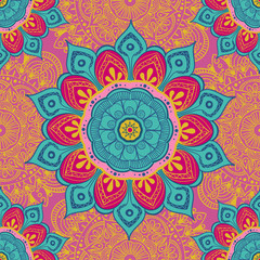 Flower mandala colorful background for cards, prints, textile and coloring books. Seamless pattern