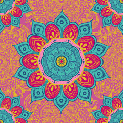 Flower mandala colorful background for cards, prints, textile and coloring books. Seamless pattern