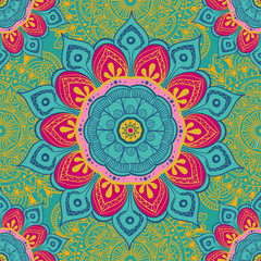 Flower mandala colorful background for cards, prints, textile and coloring books. Seamless pattern