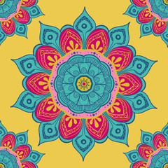Flower mandala colorful background for cards, prints, textile and coloring books. Seamless pattern
